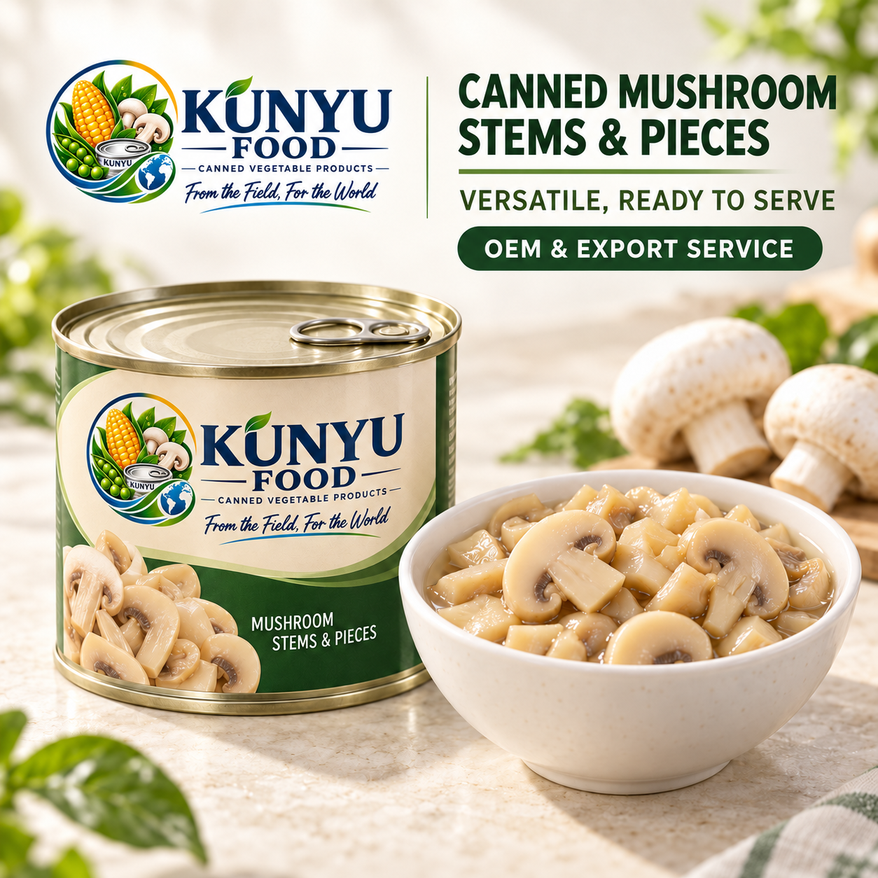 Canned mushroom stems and pieces with Kunyu vegetable products logo